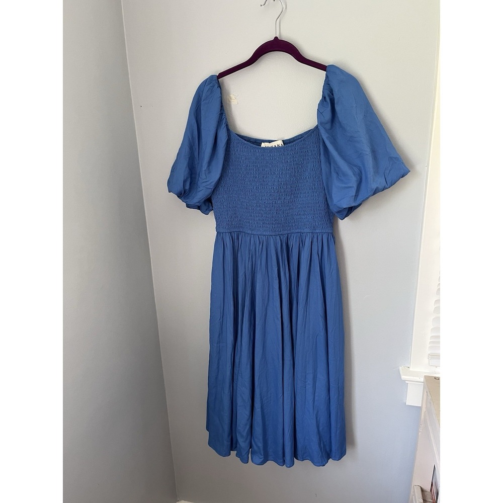 Jessakae Blue Sz S smocked bust sundress flare mid dress 1/2 sleeve‎ lined